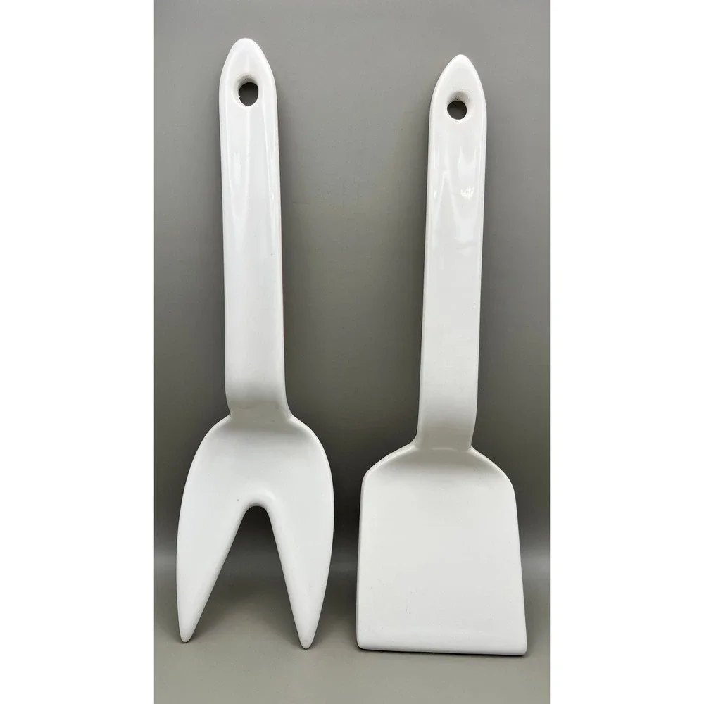 Ceramic Salad Server Set Hand Painted Floral Folk Art Fork & Spatula 12in Vtg